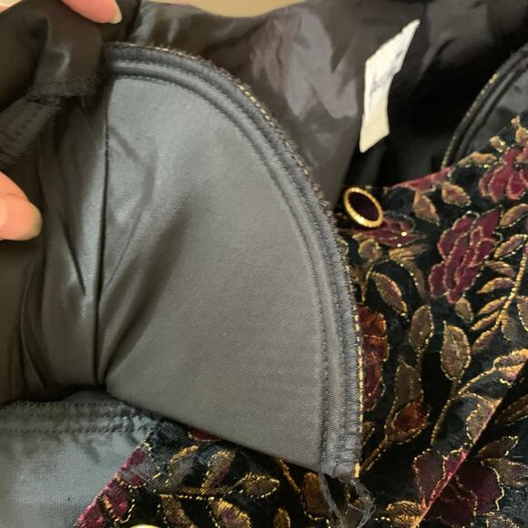 Vintage Size L Velvet Floral Print Crop Jacket Puff Sleeve Gold Etched - Picture 9 of 11